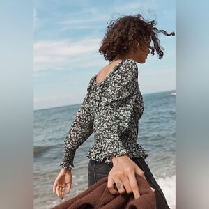 MADEWELL Georgette Square-Neck Smock-Waist Top in Forest Leaves Size Large